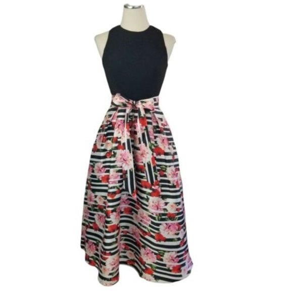 SLNY Black & White Tea Length Dress SZ 2 Sleeveless Striped Floral - Picture 1 of 12